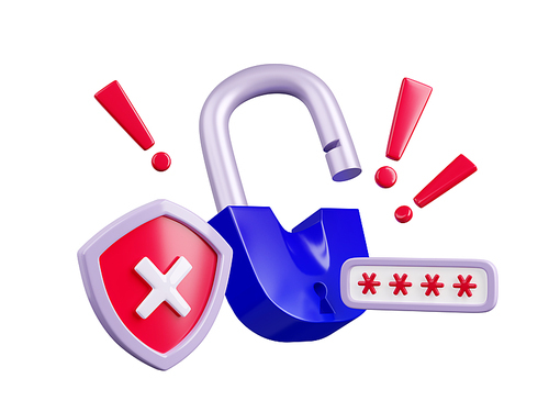 3d render, password fraud warning, alert, personal data protection concept with open padlock, passcode field, shield with cross and exclamation signs Isolated illustration in cartoon plastic style