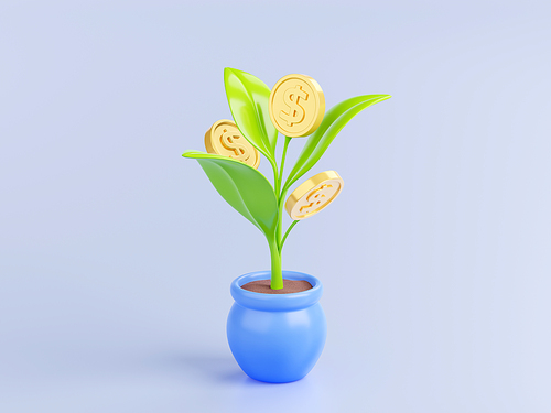 3D illustration of green sprout with golden dollar coins growing in flower pot isolated on blue background. Concept of long-term money investment, successful startup business development, finance