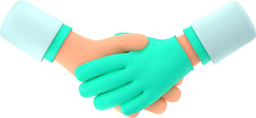 Two doctors handshake icon. Concept of hospital teamwork, partnership, professional medic relationships with hands in latex gloves greeting gesture, 3d render illustration