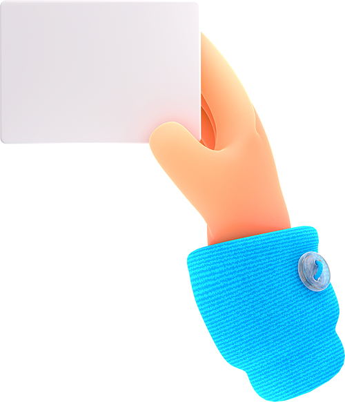3d render hand holding bank or visit paper card template. Concept for branding with businessman arm show white blank flyer or credit card, isolated Illustration in cartoon plastic style