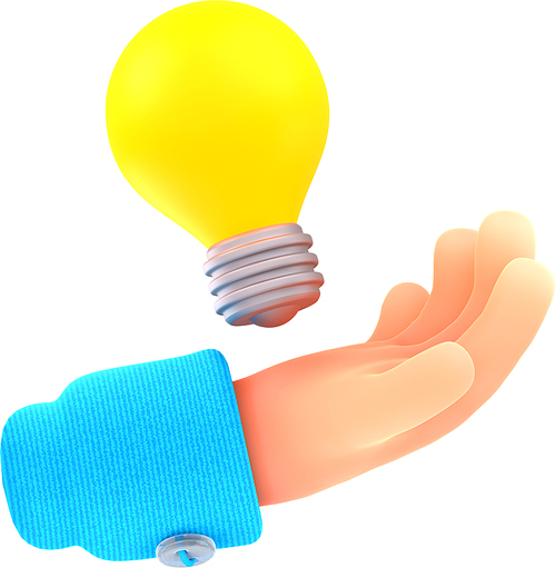 3d hand holding light bulb. Employee with genius business idea. Plan strategy and solution concept. Success in work or education creative design icon. isolated Cartoon illustration in plastic style
