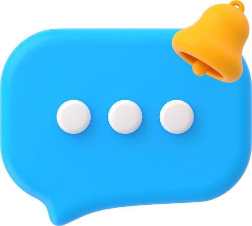 Blue speech bubble with bell. Notification icon of message in chat or dialog, sms, new comment in social media or online talk. Dialogue cloud with yellow handbell, 3d render illustration