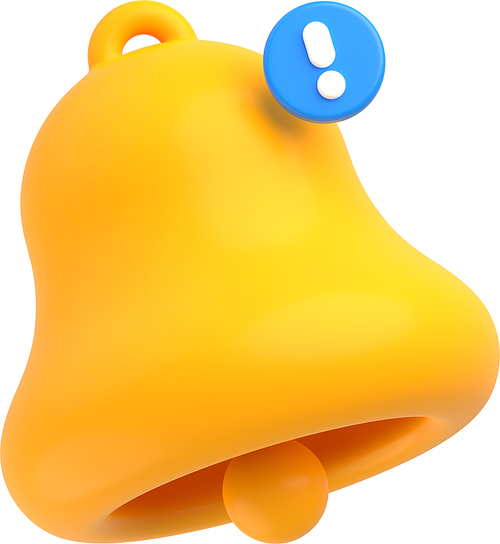 Yellow bell with exclamation point. Alert icon, sign of notice, reminder of new message or call on mobile phone, attention symbol in app or web interface, 3d render illustration