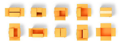 3d render cardboard boxes isolated icons set on white background. Closed and open parcels, delivery cargo packages top view, Realistic illustration