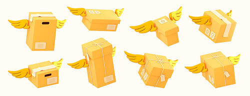 3d render delivery box with golden wings in flight. Brown winged cardboard parcels fly. Online shipping service icons, global logistic, quick and fast cargo shipment Illustration cartoon plastic style