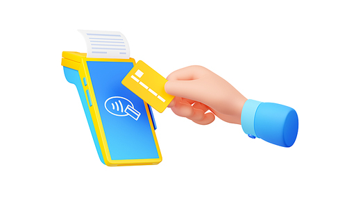 3d render hand pay with card via pos terminal, approved purchase with paper bill. Contactless transactions concept with electronic device for wireless nfc paying, Illustration in cartoon plastic style
