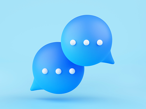 3d render talk, chat bubbles, comment or communicate icon. Isolated speech dialogue balloons, round message clouds or boxes icon for app on blue background, Illustration in cartoon plastic style
