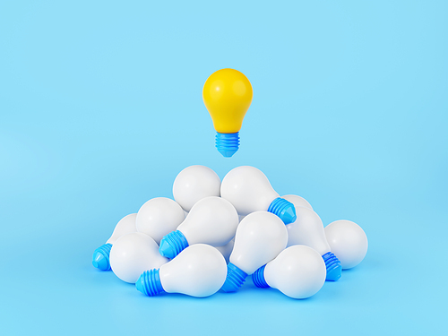 3d render bright glowing lightbulb over pile of white lamps. Digital concept of creative idea, challenge, invention, power of education, thinking or imagination, Cartoon illustration in plastic style