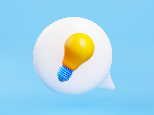 3d render light bulb in speech bubble on blue background. Creative idea, quick tips, inspiration, brainstorm, development, business solution concept, icon, illustration in cartoon plastic style