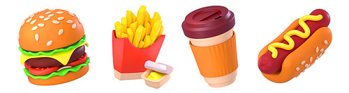 3d render fast food burger, french fries, coffee cup and hotdog. Fastfood restaurant meals and drink. Traditional american snacks isolated on white background Cartoon Illustration in plastic style