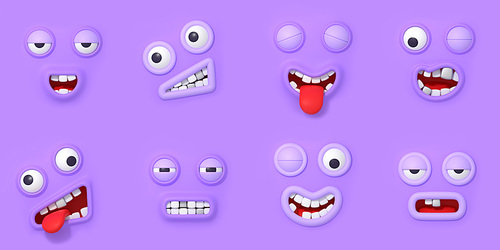 3d render face emoji, eyes and mouths set. Funny cute cartoon personage different expressions and emotions. Smile with teeth, sticking out tongue, laughing, exhausted, Illustration in plastic style
