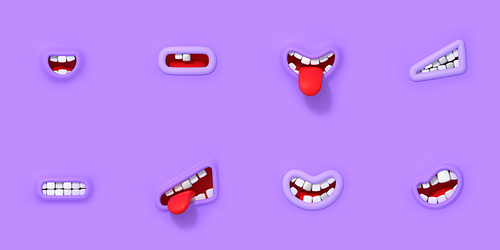 Character mouth with different emotion expression. Comic person smile with lips, teeth and red tongue isolated on purple background. Cute open mouth set, 3d render illustration