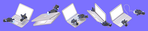 3d render robot hands with laptop, cyborg arms working on computer keyboard with mouse, closed and open notebook device, modern supplies for work, Illustration in cartoon plastic style