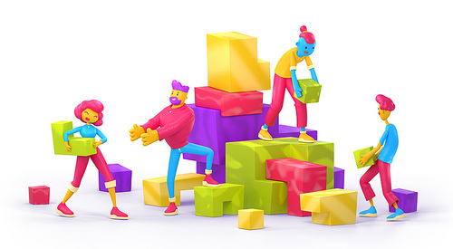 3d render contemporary characters team work together set up puzzle jigsaw. Businesspeople teamwork, office employees collaboration, cooperation, partnership, illustration in cartoon plastic style