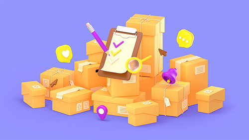 3d render cardboard boxes pile, clipboard with pen, magnifier, bell, pin and magnifier. Digital concept of parcels and cargo delivery service, warehouse business, Illustration in cartoon plastic style