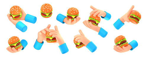 3d render hands with burger isolated on white background. Human palms holding fast food hamburgers with with meat, cheese and vegetables, Illustration in cartoon plastic style, icons set