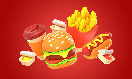3d render fast food burger, french fries, coffee cup, hotdog and sauce packs. Fastfood restaurant meals and drink traditional american snacks on red background Cartoon Illustration in plastic style