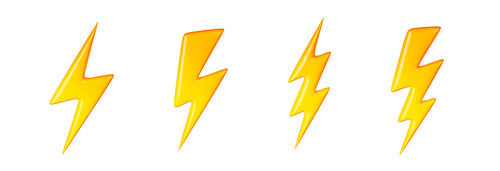 3D render flash, lightning, sale yellow thunder bolt storm charges. Electricity, blitz strikes digital elements. Discount, bright idea concept Illustration in cartoon plastic style on white background