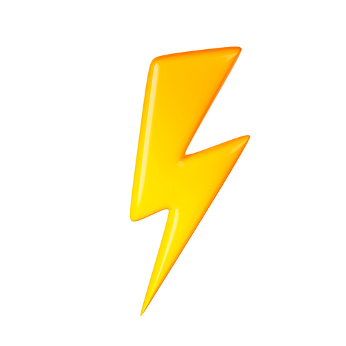 3D render flash, lightning, sale yellow thunder bolt storm charges Electricity, blitz strike digital element. Discount, bright idea concept Illustration in cartoon plastic style on white background