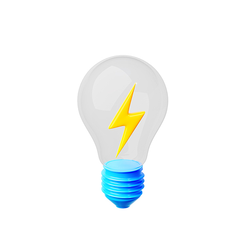 3d render lamp with lightning inside, think icon, creative idea, insight, electricity or energy power. Light bulb with flash bolt isolated illustration in cartoon plastic style on white background