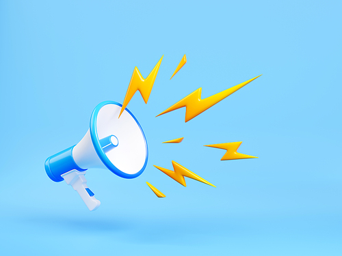3d render megaphone or loudspeaker with flash lightning bolts. Announcement, sale notification, news, promotion concept. Isolated bullhorn illustration in cartoon plastic style on blue background