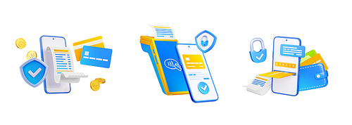 Secure mobile payment with phone, bank cards, pos terminal, bill and cash money. Online finance protection concept with smartphone, shield and lock icons, 3d render illustration