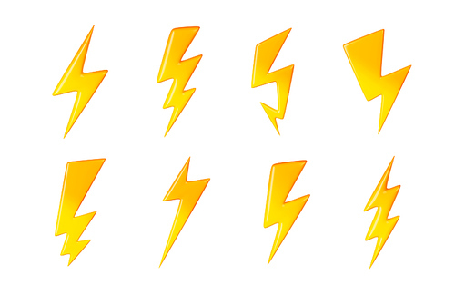 3D illustration set of yellow lightning signs of different shape isolated on white background. Collection of electric or magic super power, energy charge or high speed symbols. Gui design element