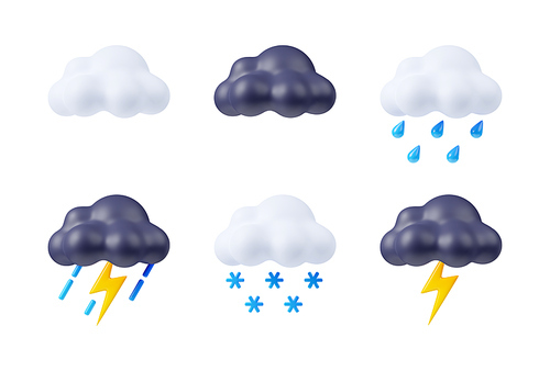 3d render weather icons set, white and black clouds with lightning flashes, snowflakes and rain drops. Application forecast elements, Cartoon illustration in plastic style isolated on white background