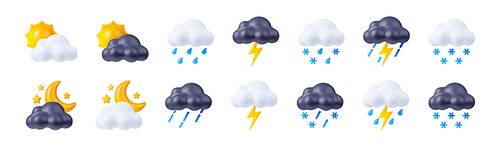 Set of 3D weather forecast icons on white background. Illustration of sun, moon, stars, day and night clouds with rain, snow, lightning, sleet, thunderstorm, rainfall, snowfall. Climate conditions