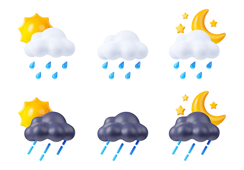 Rainy weather icons with sun, moon, clouds and water drops. Meteorology forecast symbols of rain, shower or downpour at day and night, 3d render set isolated on white background