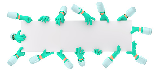 3D illustration of doctor hands in green medical gloves with blank banner template isolated on white background. Therapist, dentist, surgeon, pediatrician characters holding clinic advertising poster