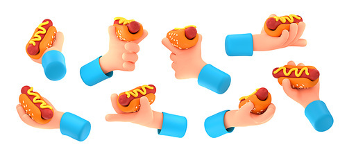 Hand hold hotdog, american snack with sausage, bun with sesame and mustard. Concept of fast food, picnic with man hand with hot dog in different views, 3d render illustration