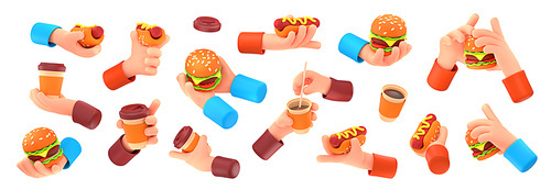3D render set of hands with fast food isolated on white background. Person holding burder, hot dog and coffee to go in paper cup. Snack bar or quick-service restaurant menu icons. Design elements