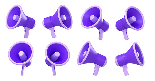 3D illustration set of purple megaphones front and side view isolated on white background. Loudspeaker equipment for advertising, announcement, promotion or election campaign. Symbol of protest rally