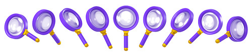 3D illustration set of purple magnifying glass front and angle view isolated on white background. Transparent loupe icon. Symbol of search, information analysis, data research. Web design element