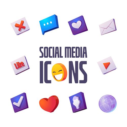 Social media icons cartoon set speech bubble, smile and envelopes with heart, like and cross, check mark, earth globe and user profile for internet, app interface or web site isolated vector signs