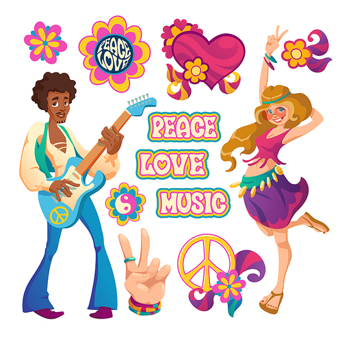 Hippie people, signs of peace, love and music. Vector cartoon set symbols of hippy culture with hearts, flowers, hand gesture, happy woman and black man with guitar isolated on white background