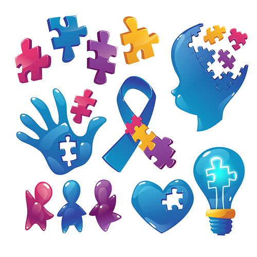 Autism awareness icons puzzle pieces, child head and open palm with hole, blue ribbon, kids figures waving hands, heart and light bulb isolated on white background, cartoon vector illustration, set