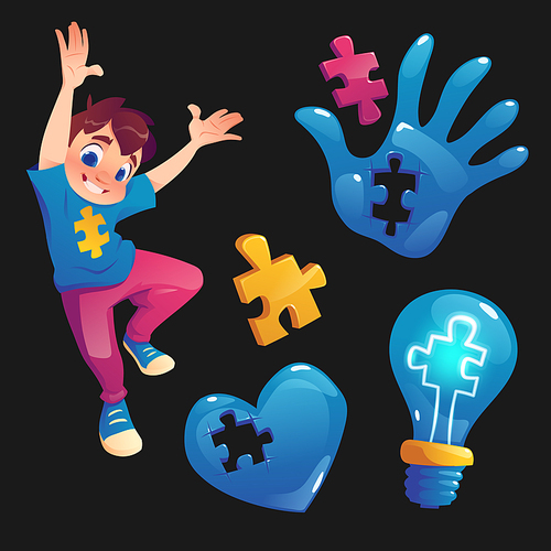 Boy and symbols with puzzle pieces. Concept of autism, mental health disease and developmental disorders. Vector cartoon set with child, hand, heart and light bulb with jigsaw signs isolated on black