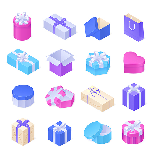 Isometric gift boxes for birthday, Christmas, Valentine day and holidays. Vector icons set of closed and open packages in shape of heart, square and circle with silver ribbon and bow