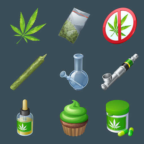 Set of cannabis production and equipment, marijuana leaf, dry weed in plastic bag, prohibition sign and candle, vaporizer, smoking tube, oil, cupcake and pills. Cbd products Cartoon vector 3d icons