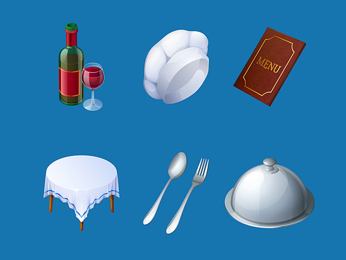 Restaurant icons with menu, chef hat, metal fork and spoon, tray with cloche for food, wine bottle, glass and table with tablecloth. Vector cartoon set of objects for dinner in cafe