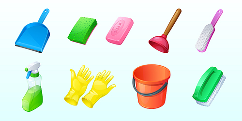 Cleaning icons with brushes, bucket, sponge and spray. Vector cartoon set of equipment and tools for housework, soap, detergent bottle, gloves and scoop isolated on white background