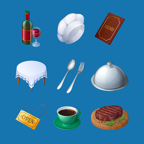 Restaurant 3d icons wine bottle, glass, chef toque, and menu, table with tablecloth, fork or spoon and silver cloche lid on tray, open signboard, coffee cup with beefsteak on board Cartoon vector set