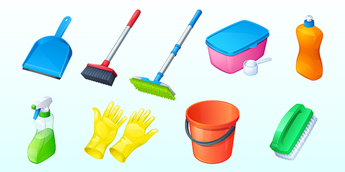 Set of household equipment scoop, cleaning brush and washing powder in box, liquid soap, detergent in spray bottle, rubber gloves and bucket isolated on white background, 3d vector illustration, icons