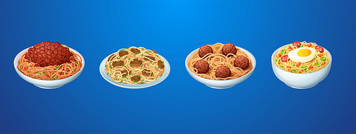 Set of pasta meals, restaurant or homemade noodles with sauce bolognese, macaroni with champignon mushrooms, spaghetti with meatballs, fried egg and vegetables dishes, isolated cartoon vector 3d icons