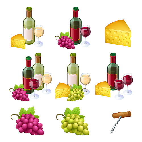 Set of wine bottles, glasses, cheese and grapes with corkscrew isolated on white background. Glass flasks with blank label, red or white alcohol drink design elements, 3d vector illustration, clipart