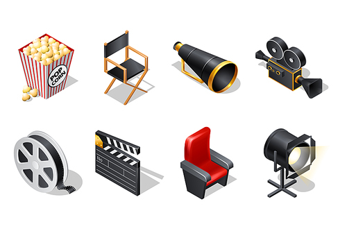 Cinema isometric icons with shadow cartoon vector illustration isolated on white background. Movie industry elements, clapper, chairs, loudspeaker, video camera, film reel, spotlight and popcorn