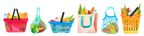 Eco bags net, cotton or paper shopping containers with grocery isolated on white background. Reusable ecological packages, mesh bags with fresh food, fruits, vegetables and bread, Cartoon vector set