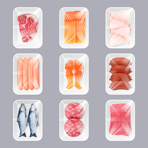 Food in plastic packages for store retail, fresh fish, minced meat and chicken legs, sausages, raw salmon steak or fillet. Isolated products design elements top view, Cartoon vector illustration, set